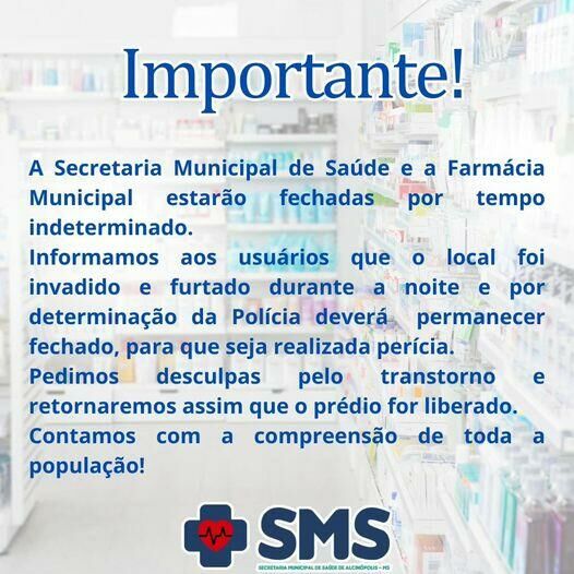 Imagem de compartilhamento para o artigo Prefeitura de Alcinópolis emite comunicado sobre fechamento da Secretaria Municipal de Saúde e Farmácia Municipal da MS Todo dia